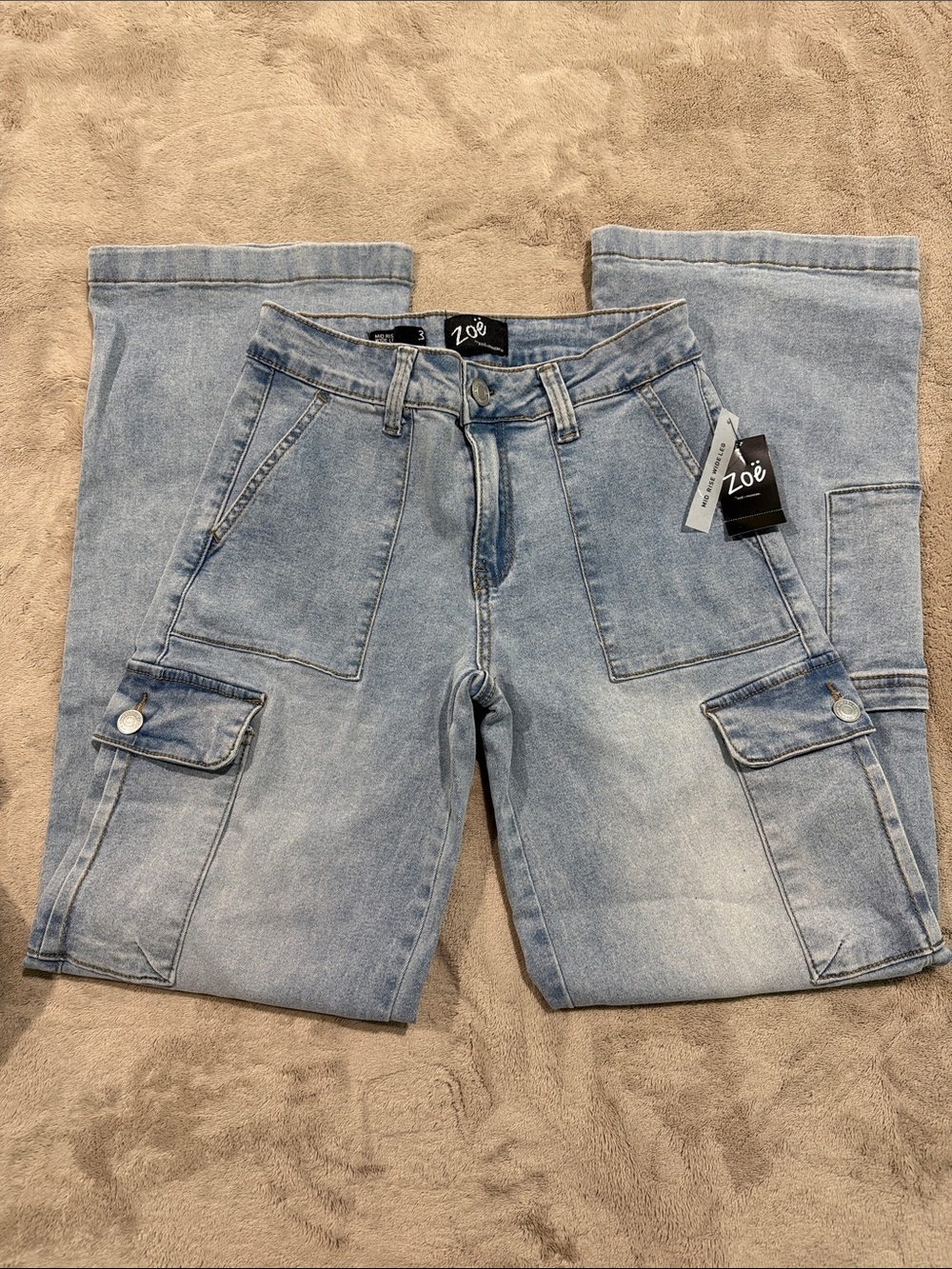Zoe Light Blue Wide Leg Cargo Jeans for Women